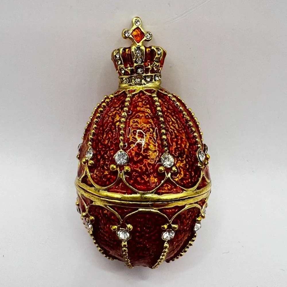 Orange & Gold Faberge-Egg Style Trinket Box With Rhinestones Crown Stones 2.5